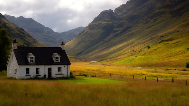 Remote White Cottage Nestled in Dramatic Scottish Highlands Valley. photo