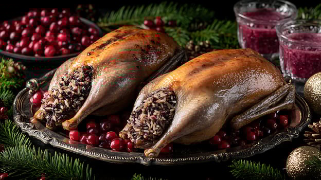 Festive Roasted Duck with Cranberries and Festive Holiday Decorations. photo