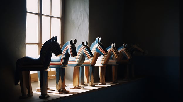 Row of Decorative Wooden Horses Bathed in Sunlight Through a Window. photo