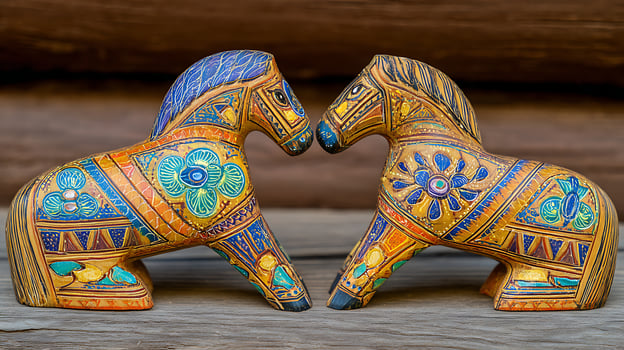 Two intricately carved wooden horses in vibrant blue and gold. photo