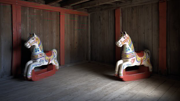 Nostalgic rocking horses waiting in a rustic wooden room. photo