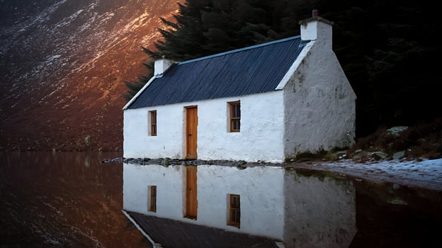 Isolated White Cottage by Still Water and Misty Mountain in Soft Morning Light. photo