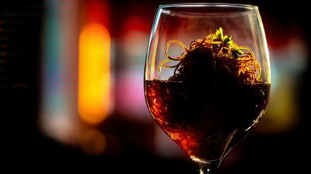 A Culinary Delight Glistening Glass of Red Wine with a Gourmet Garnish. photo