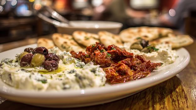 Delicious Mediterranean Appetizer Platter with Olives and Sun Dried Tomatoes. photo