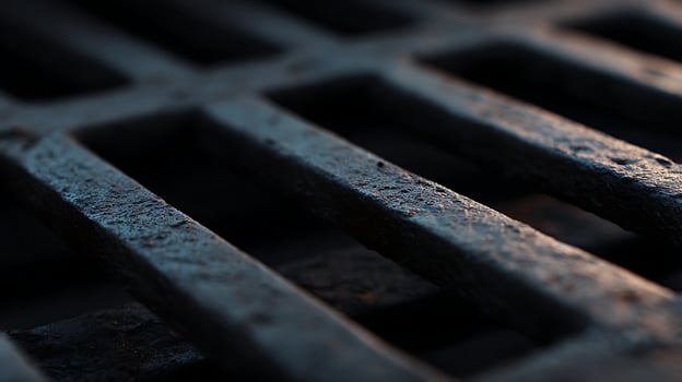 Close up texture of a weathered metal grate with dramatic lighting. photo