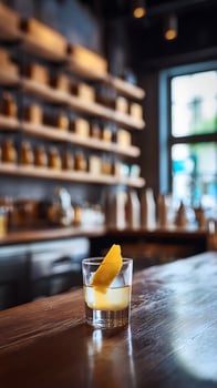 Classic Cocktail on a Wooden Bar with Soft Background Lighting. photo