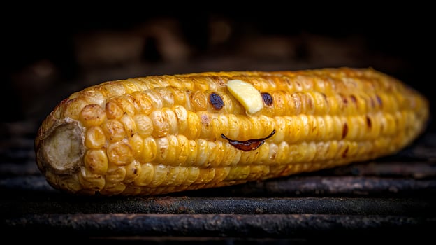 Grilled Corn on the Cob with a Smiley Face Made of Butter. photo