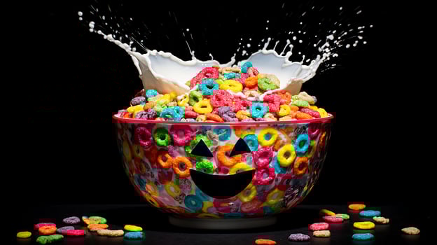 Colorful Cereal Splash With Milk And Happy Face Bowl. photo
