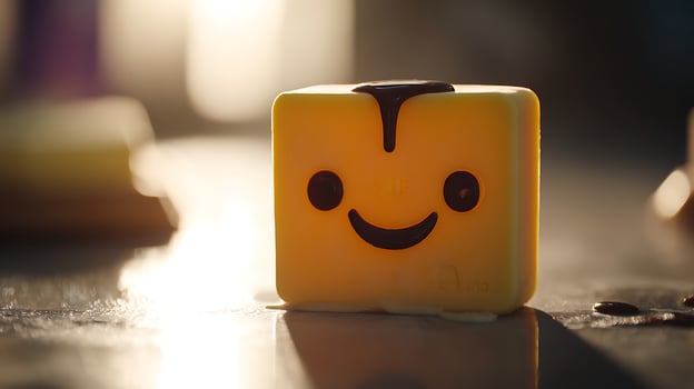 Happy Yellow Cube with Melting Chocolate Drizzle on Wet Surface. photo