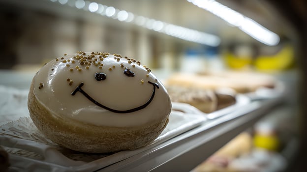 Smiling Donut with Sweet Glaze and Sprinkles in Display Case. photo