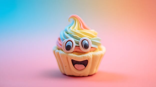 Happy Swirl Cupcake with Googly Eyes Grinning on a Pastel Background. photo