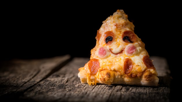 Adorable Pepperoni Pizza Slice with a Happy Face Decoration. photo