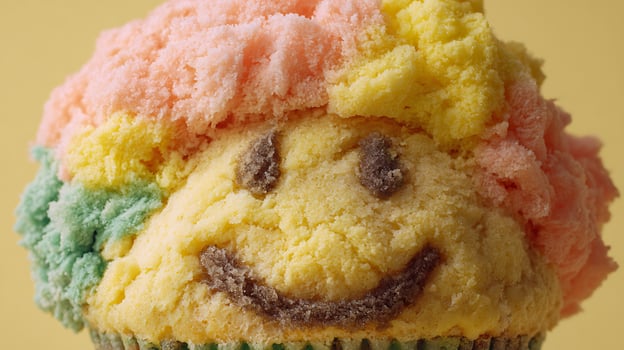 Cheerful Rainbow Cupcake with a Happy Face Design. photo