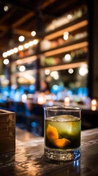 A Refreshing Green Cocktail Served on a Bar with Soft Lights photo