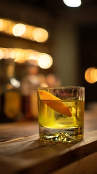 Classic Cocktail With Orange Peel On A Rustic Bar Top Evening photo