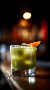A green drink with an orange slice on top photo