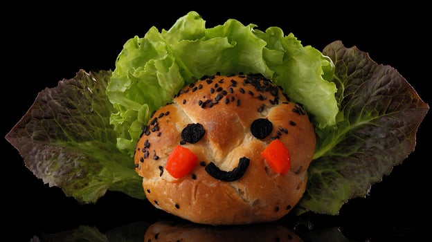 Cute Bread Face with Lettuce and Black Sesame Seeds. photo