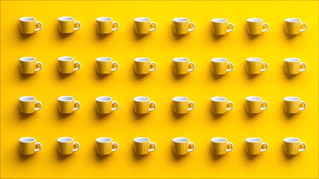A Grid of Bright Yellow Mugs on a Sunny Yellow Background. photo