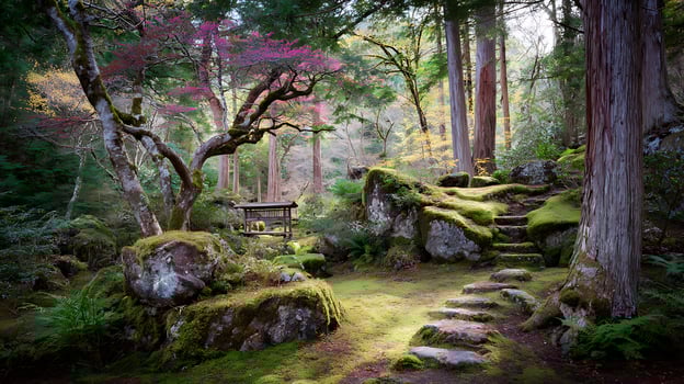 Peaceful Japanese Garden Path with Blossoming Tree and Mossy Rocks. photo