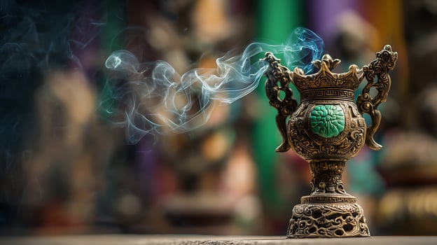 Ornate Censer Emits Wisps of Mystical Smoke on Blurred Background. photo
