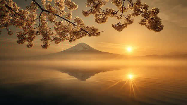 Majestic Mountain Sunrise Reflection Through Cherry Blossoms. photo