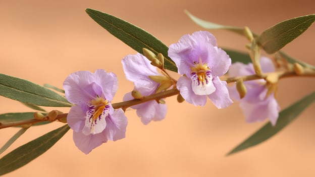 Delicate Purple Flower Blooms with Green Leaves on Soft Orange Background. photo