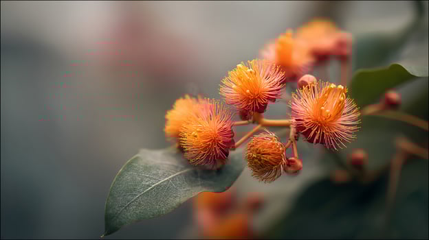 Delicate Orange Eucalyptus Flowers with Green Leaf Close Up. photo