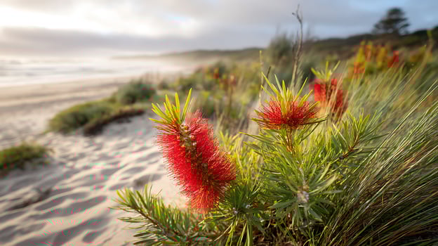 Vivid Red Bottlebrush Flowers Bloom on Sandy Coastal Dunes. photo