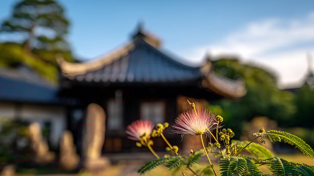 Delicate Pink Flower Blooms Gently in Front of a Traditional Japanese Building. photo