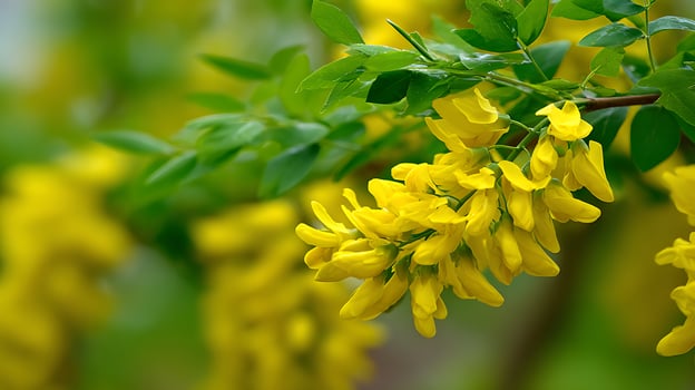 Bright Yellow Flowers on Green Branches, Nature's Gentle Display. photo