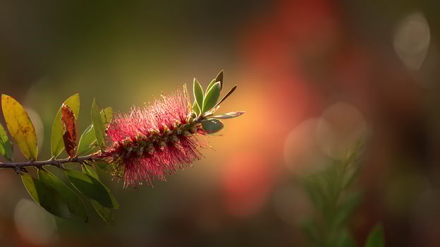 Golden Hour Glow on Vibrant Crimson Bottlebrush Bloom. photo