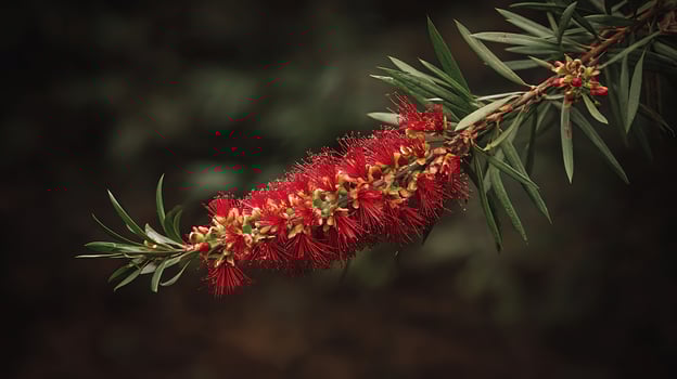 Vibrant Red Bottlebrush Flower Blooms with Green Leaves and Dark Background. photo