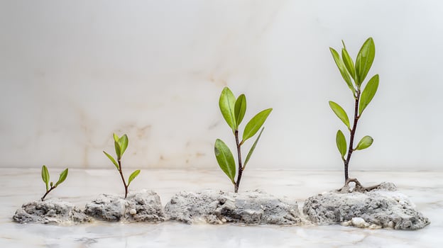 Stages of Growth Tiny plants sprout from rock formations. photo