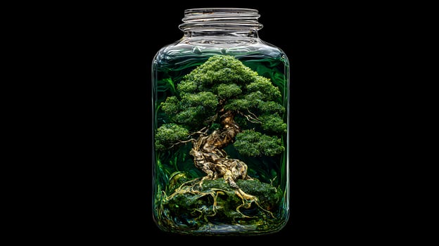 Intricate Bonsai Tree Thrives Inside a Sealed Glass Bottle Ecosystem. photo
