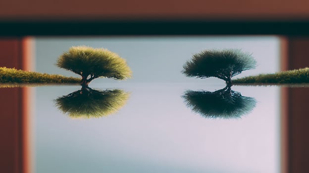 Two Miniature Trees Reflecting on a Calm, Mirrored Surface. photo