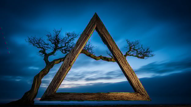 Ethereal Tree Framed by Ancient Wood Under Twilight Sky photo