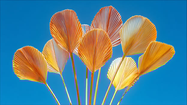 Vibrant Palm Leaves Fan Out Against a Clear Blue Sky. photo