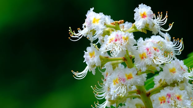 Delicate White Horse Chestnut Blossoms with Green Background. photo