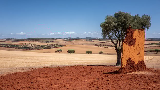 Textured Earth And Dry Fields Under A Clear Blue Sky. photo
