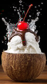 Delicious Ice Cream Sundae Splash Served in Fresh Coconut. photo
