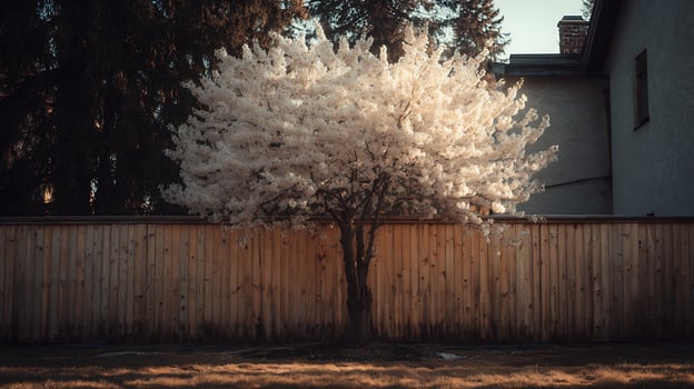 Blooming Tree Radiates Warm Light Against Wooden Fence Background. photo