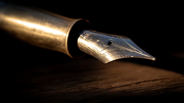 Close Up of a Vintage Fountain Pen Nib on a Dark Wooden Surface. photo