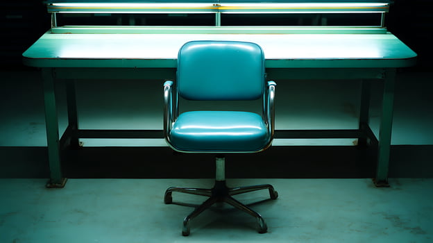 Vintage Desk and Chair in Moody Industrial Lighting. photo