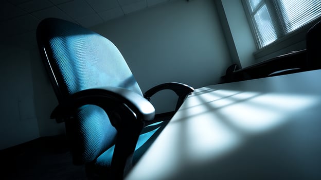 Office chair and desk bathed in dramatic sunlight through blinds. photo