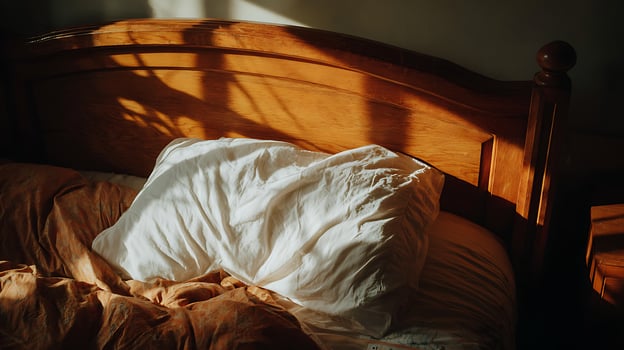 Sunlit morning on a cozy bed with wooden headboard and rumpled sheets. photo