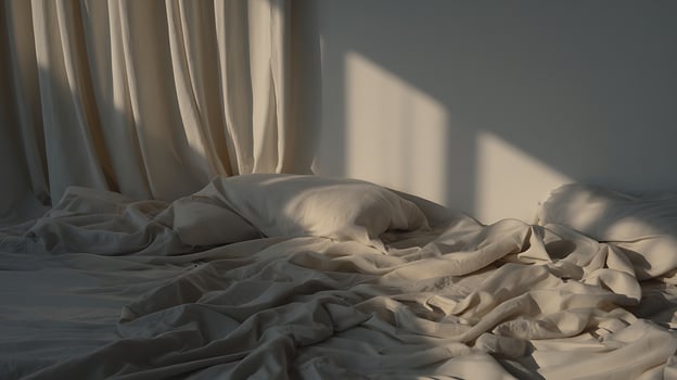 Soft Cream Bedding Lit by Warm Golden Hour Sunlight. photo