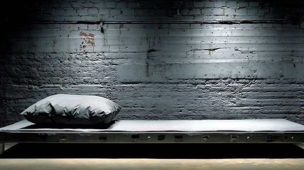 Stark prison cell with simple bed and pillow under spotlight. photo