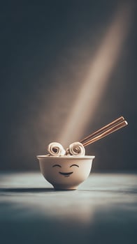 Happy Bowl of Noodles with Chopsticks and a Ray of Sunshine. photo
