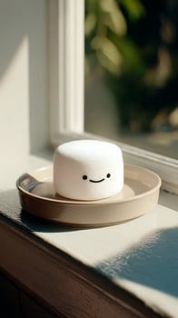 Adorable Smiling Marshmallow on a Saucer by the Window. photo