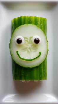 Cute Cucumber Character Face Smiles On White Plate. photo